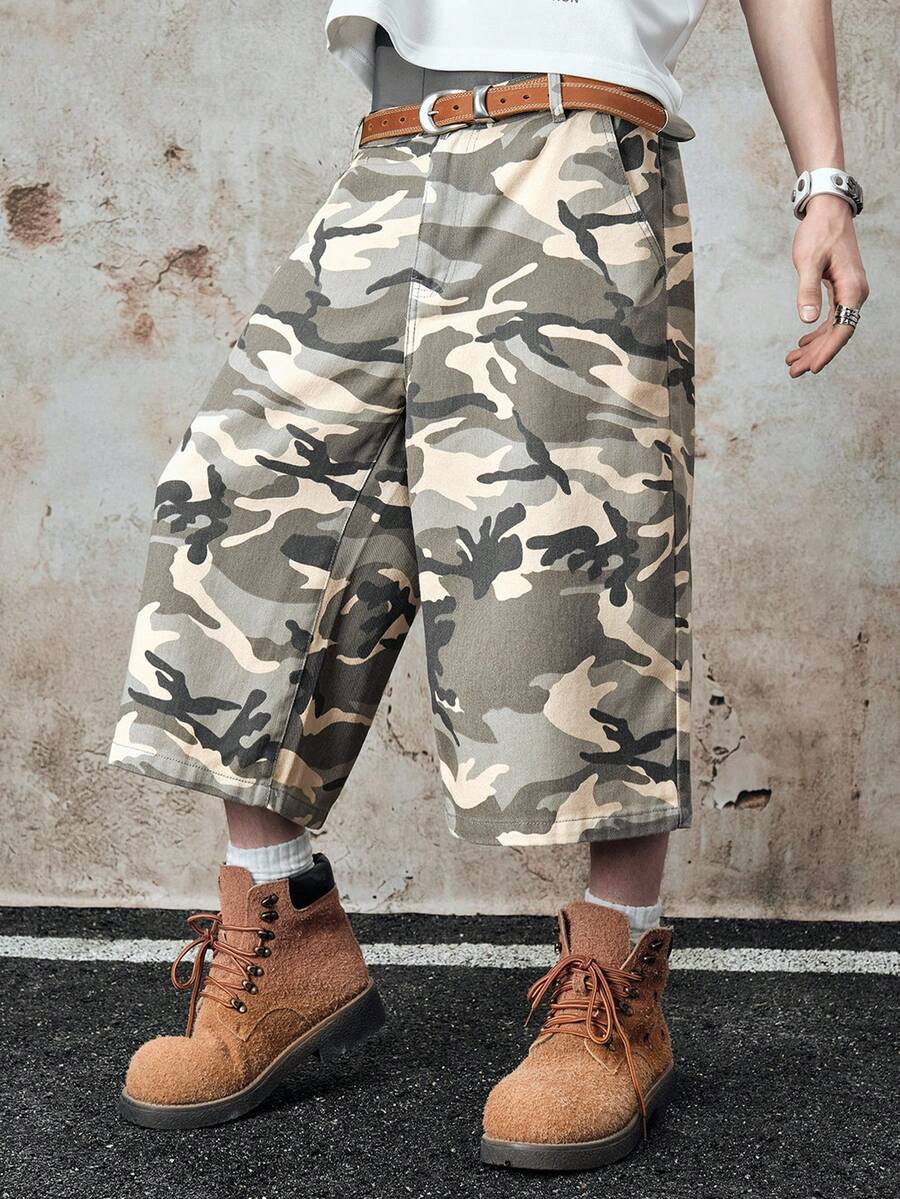 ROMWE MEN Street Life 男士夏季休闲时尚街头迷彩印花侧袋宽松牛仔短裤 - 彩色 - 查看 1