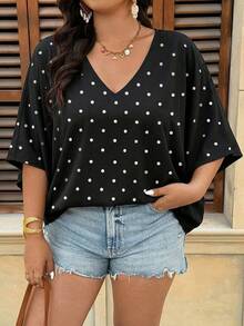 SHEIN VCAY Áo sơ mi cổ chữ V chấm bi cỡ lớn, thích hợp cho mùa hè. - trắng - Xem 4