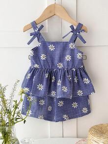 SHEIN LMoss Kids 2件套女婴格子背带连衣裙和短裤套装 - 藍白色 - 查看 5