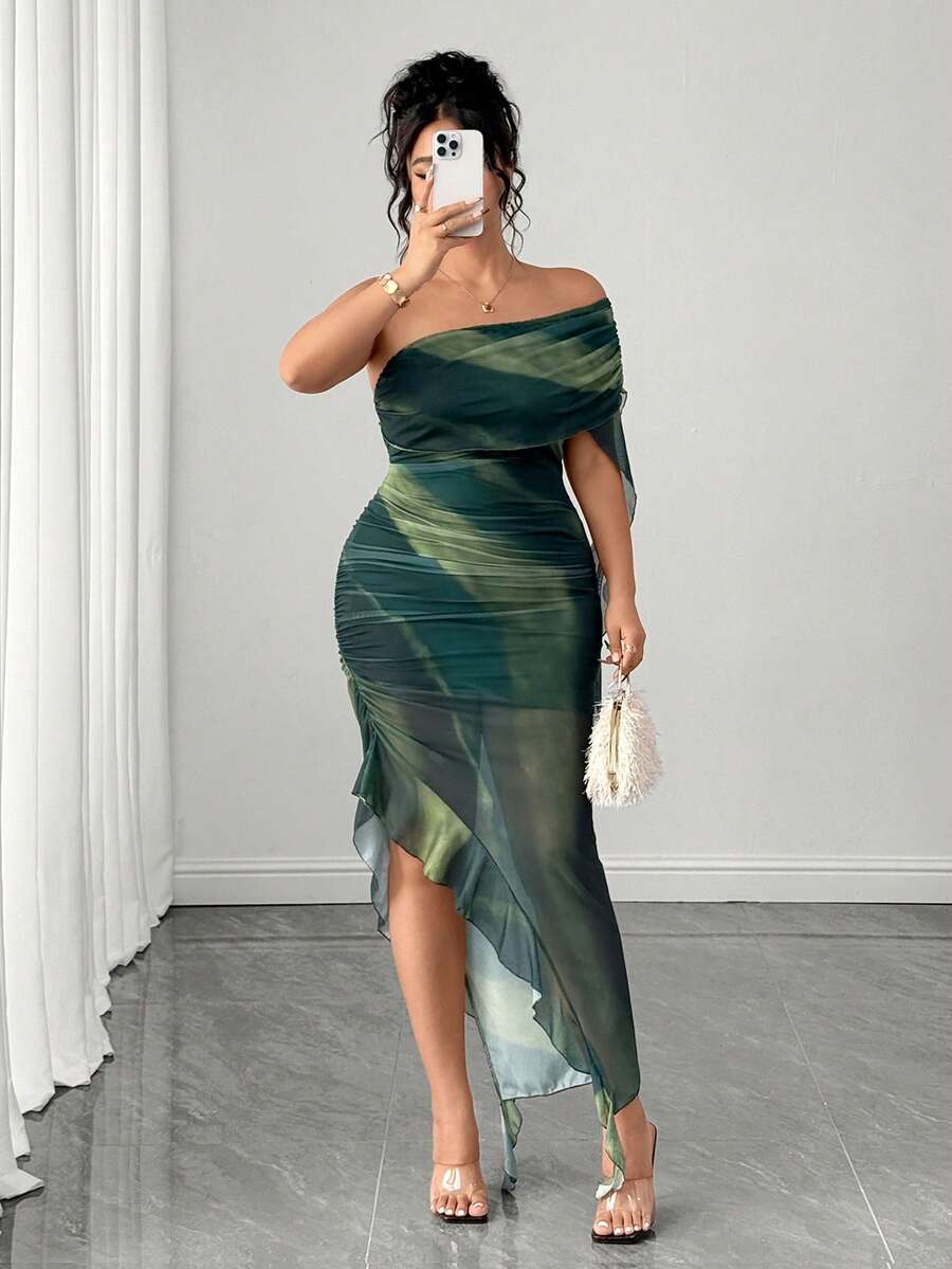 SHEIN Elenzya Plus Size Women's Fashion Asymmetric Hem Shoulder Dress - Green - View 1