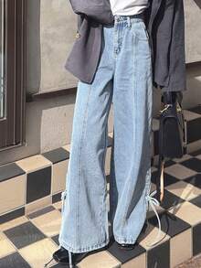FRIFUL Jeans anchos de pierna ancha con dobladillo dividido y anudado, de uso casual y para ir al trabajo - Azul - Ver 5