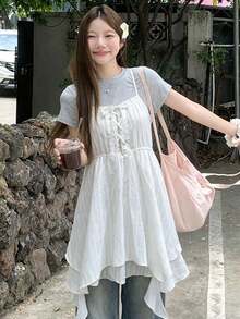 FRIFUL Women's Asymmetric Hem Spaghetti Strap Camisole With Chicken Eye Lace-Up Design Summer - Beige - View 5