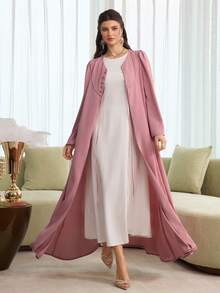 SHEIN Najma Bata suelta con cuello en V, mangas acampanadas y abertura frontal, color rosa, para primavera/verano - Rosa - Ver 8
