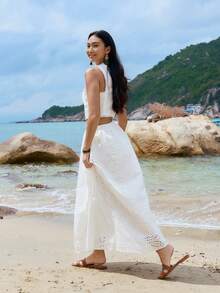 DAZY Vestido elegante francés con encaje calado y parches, sin mangas, con cintura ceñida. Conjunto de dos piezas de verano elegante y estilizador para mujeres - Blanco - Ver 5