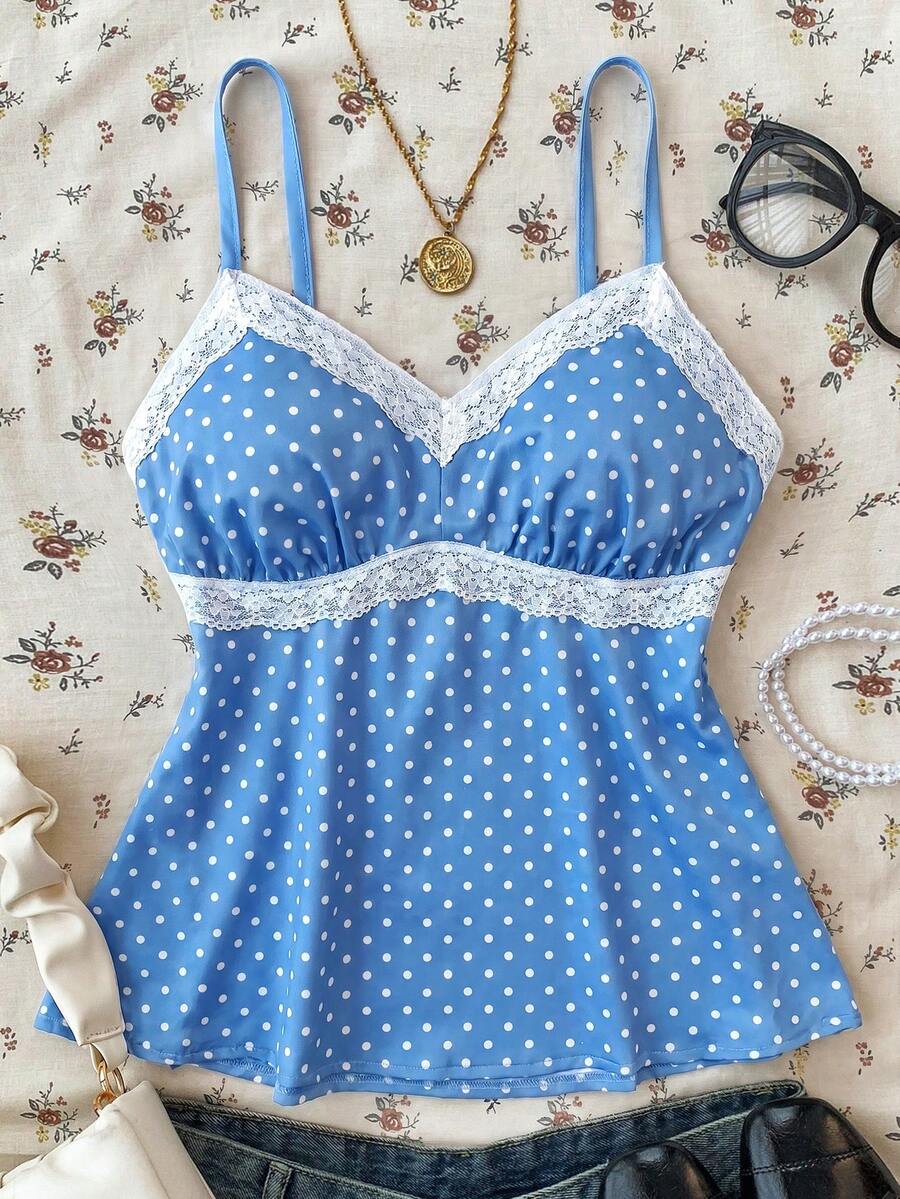 SHEIN Áo hai dây ren chấm bi đen trắng cho bé gái tuổi teen, áo hai dây ren trắng thanh lịch, thích hợp cho mùa hè, kỳ nghỉ, mặc thường ngày và ở nhà. - Màu xanh lam - Xem 1