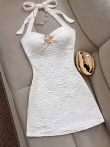 GlowEve Sleeveless Halter Tie-Up Metal Buckle Textured Fabric Fitted Women Mini Dress, Suitable For Music Festivals, Bohemian Afternoon Tea, Summer Bride - White - View 3
