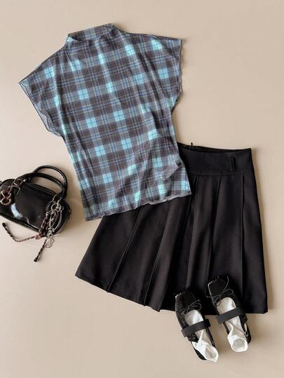 Muvela 春夏新款蓝绿格纹印花露肩短袖可爱甜美上衣，百搭实用，适合复古、学术、Y2K、办公、正式场合、优雅都市通勤、休闲、浪漫、节日、日常、外出、社交、约会、派对、毕业典礼、早午餐、机场等各种场合。