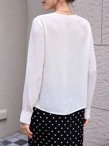 Modelyn Fashionable Basic Contrast Lace Long Sleeve Blouse, Slimming And Versatile Women Top Teachers' Day Golf White Autumn - White - View 2