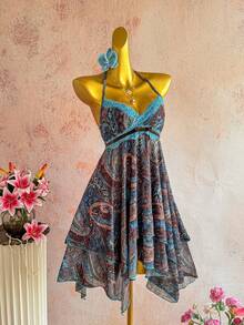Sunnyshic Vestido corto de verano con lazo en el cuello, decoración de cinta, dobladillo asimétrico multicapa, estampado de paisley bohemio, para uso casual, de vacaciones y diario, para mujeres - Multicolor - Ver 6
