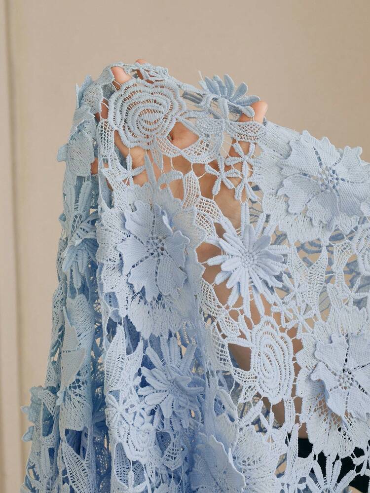 女性用スタンドカラー ブルー ホロー クロシェ フレアスリーブ ドレス