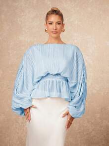 Lumalex Light Blue Elegant Summer Tea Party Blouse For Women,Boat Neck Puff Sleeve Gathered Waist Elastic Vacation Birthday Wedding Guest Party Outfits,Prom - Baby Blue - View 4