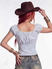 Rina Fox Blusa ajustada de verano con botones y lazo frontal a rayas - Azul y blanco - Ver 2