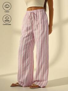 SHEIN Tall Women's Holiday Casual Striped Wide Leg Pants Pink Striped Pants, Tall Women - Multicolor - View 7