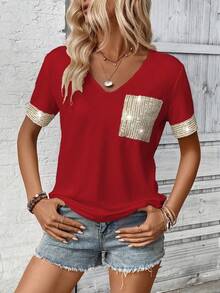 SHEIN LUNE Áo thun nữ cổ chữ V lấp lánh với họa tiết chắp vá, áo thun in hình đồ họa. - Màu Đỏ Sâu - Xem 4