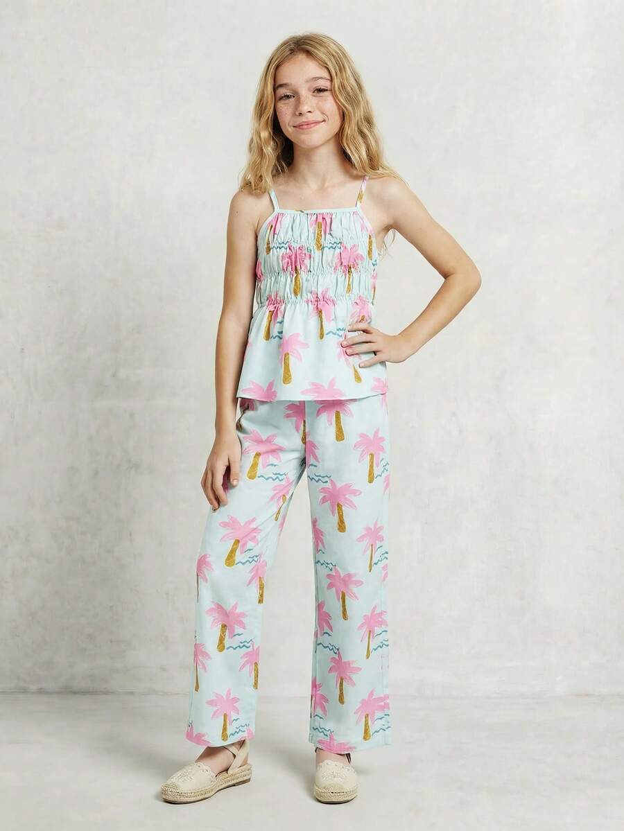 SHEIN Casuvi Kids Bộ trang phục mùa hè cho bé gái: Áo hai dây kẻ sọc thắt nơ và quần ống đứng. - Nhiều màu - Xem 1