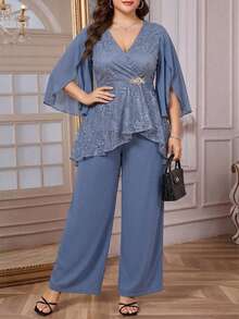 Reflora Bộ đồ 2 mảnh cỡ lớn, màu trơn, phối ren, cổ chữ V, kiểu dáng thanh lịch gồm áo và quần. - Màu xanh lam - Xem 10