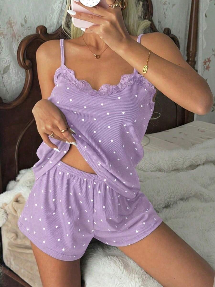 CottageSlumber 女士睡衣套装，针织罗纹面料，心形印花拼接蕾丝边，浪漫甜美可爱性感吊带背心和短裤 - 紫色 - 查看 1