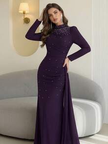 Modelyn Women's Mandarin Collar Faux Pearl Embellished Long Evening Gown - Purple - View 4