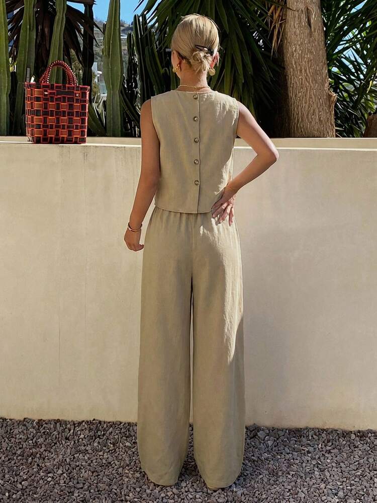 Women's Solid Color Round Neck Sleeveless Minimalist Design Summer Top And Pants 2 Pieces Set Lounge Sets For Women