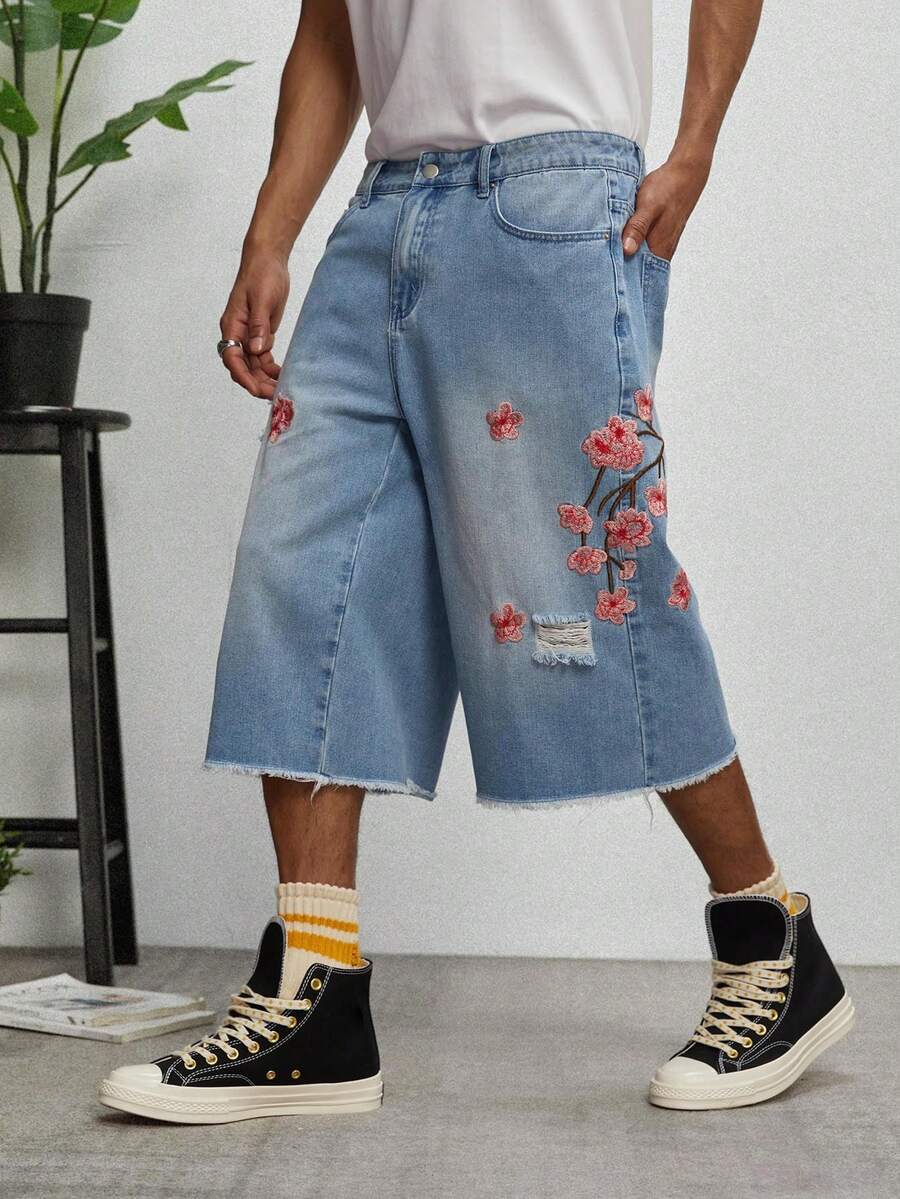 GALLERY FADE Men's Summer Washed Floral Embroidery Distressed Frayed Hem Loose Denim Bermuda Shorts - Blue - View 1