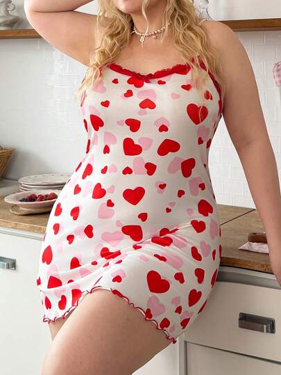 Slumberry CURVE 甜美可爱INS风爱心印花撞色蕾丝边修身加大码女式睡裙