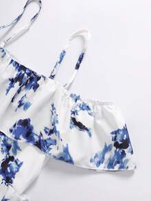 Spring & Summer Blue & White Floral Spaghetti Strap Off-Shoulder Ruffle Waist Voluminous A-Line Dress, Romantic Vacation & Daily Wear, Elegant French Style, Suitable For Beach, Countryside, Dates - Blue and White - View 7