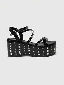 Grunge Punk Giày sandal đế cao, gót đính kim tuyến, khóa cài nhọn dành cho nữ. - màu đen - Xem 1