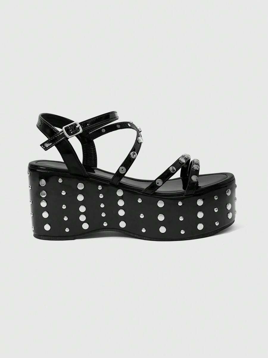 Grunge Punk Giày sandal đế cao, gót đính kim tuyến, khóa cài nhọn dành cho nữ. - màu đen - Xem 1