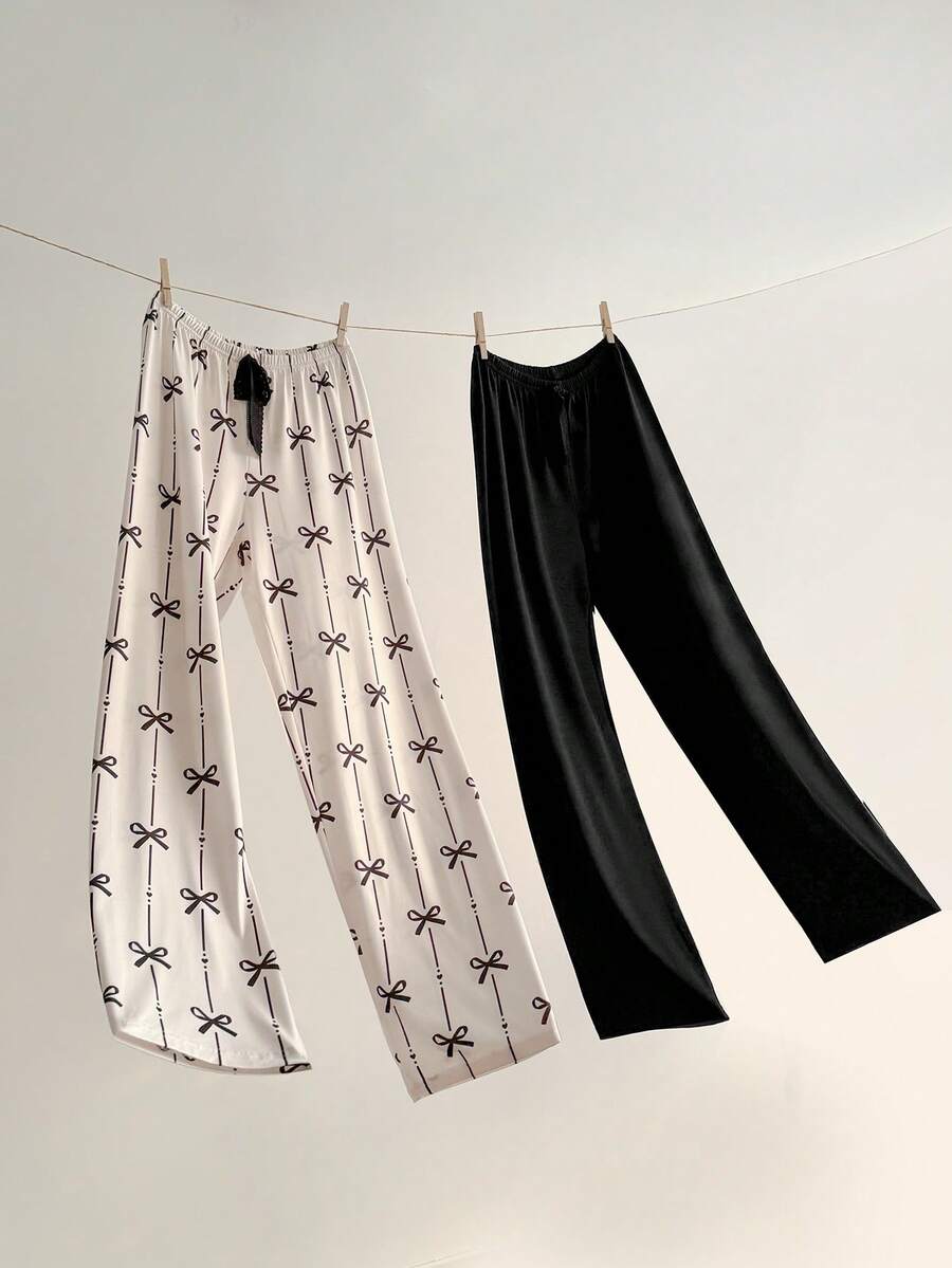 2 piezas Pantalones de pijama de mujer de punto con estampado de rayas y lazos - Multicolor - Ver 1