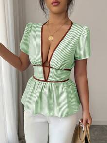 SHEIN Elenzya 优雅夏季度假蓝色条纹深V领性感镂空女式衬衫 - 綠色 - 查看 7