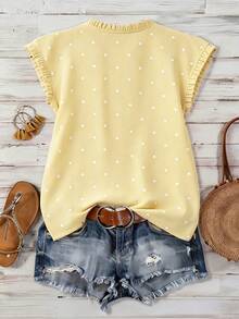Franclia Blusa de mujer con cuello redondo, sin mangas, abotonada, con volantes y estampado de lunares vintage francés, versátil para el trabajo, el té de la tarde y el uso diario, suelta y casual - Amarillo claro - Ver 2