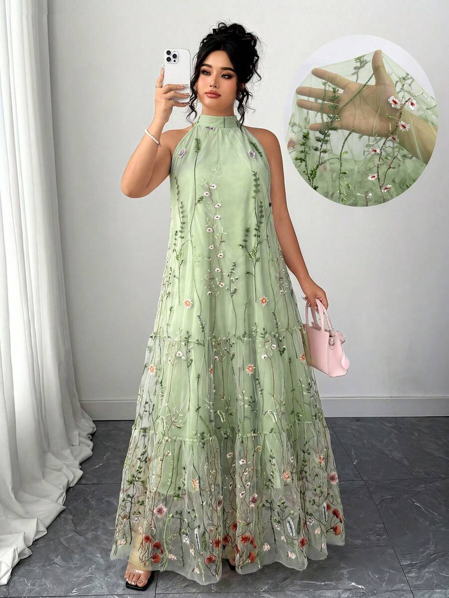 Elenzga Đầm không tay thêu màu xanh bạc hà thanh lịch dành cho nữ cỡ lớn, chất liệu chiffon mỏng manh, kiểu dáng bohemian, thích hợp cho kỳ nghỉ hoặc du lịch. - Màu xanh Bạc hà - Xem 1