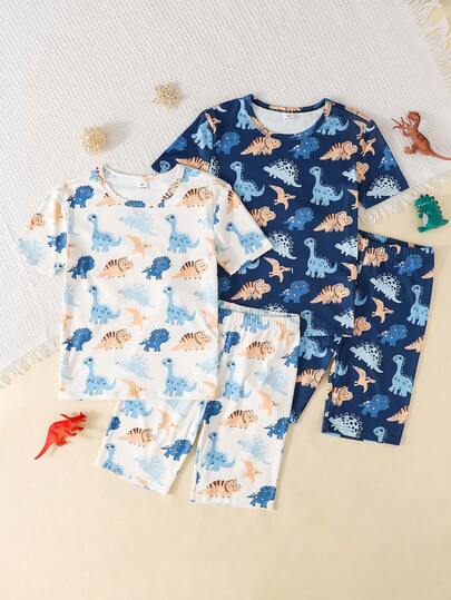 SHEIN Tween Boy Cartoon Dinosaur Print Round Neck Short Sleeve Shorts Soft Comfortable Casual Pajama Set, 2pcs/Multi-Piece Set