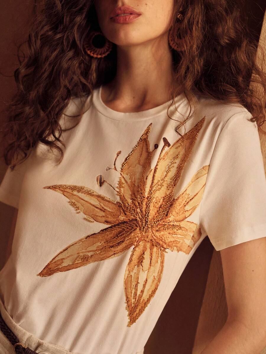 PREMIUM 女士花卉印花串珠刺绣度假T恤 - 白色 - 查看 2