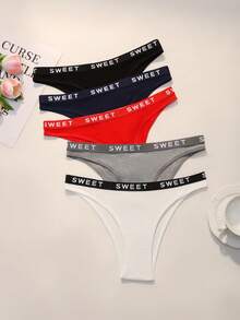 Paquete de 5 bragas casuales y cómodas de mujer con cintura elástica y contraste de color con letras - Multicolor - Ver 1