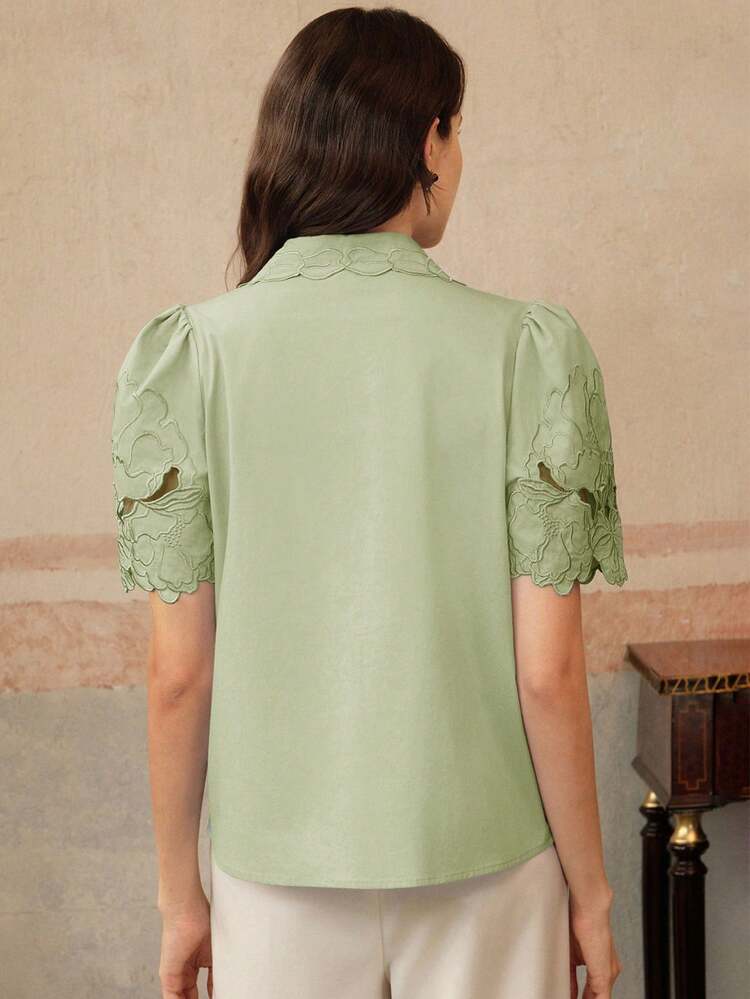 Women's Embroidered Lace Short Sleeve Blouse, Elegant Hollow-Out Floral Design