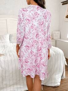 Moonlight&Mama Floral Print Lace Trim Maternity Robe & Slip Dress, Suitable For Moms To Wear Year-Round - Multicolor - View 2