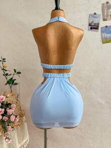 Soleia Women's Light Blue Summer 70s Mini Dress,Hollow-Out Backless Halter Ruched Rhinestone Embellished Boho Beach Vacation Night Out Party Dress - Blue - View 2