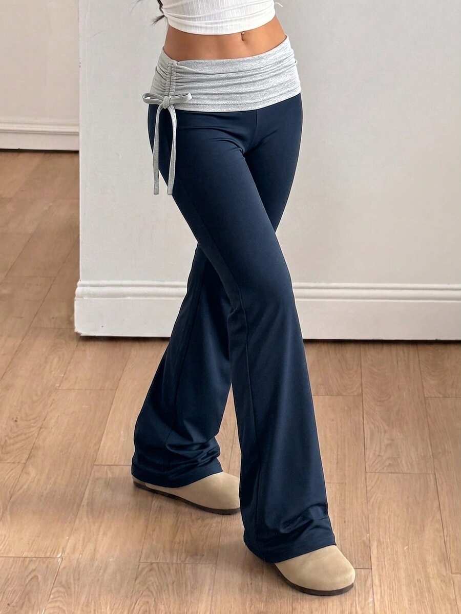 Tween Girls' Vintage Side Drawstring Y2K Flare Pants, Streetwear Versatile - Navy Blue - View 1