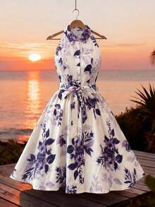 SHEIN Elenzya Abito elegante e romantico da donna con stampa floreale, vita aderente e gonna ampia senza maniche - Multicolore - Visualizzare 5