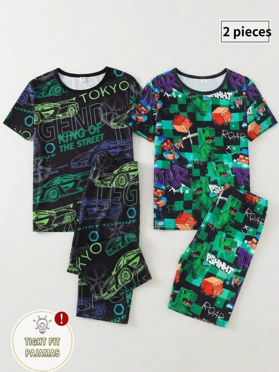 2pcs/Set Teenage Boys' Black Minimalist Colorful Racing Car Letter Print Short Sleeve Tee And Shorts Pajama Set - Black - View 1