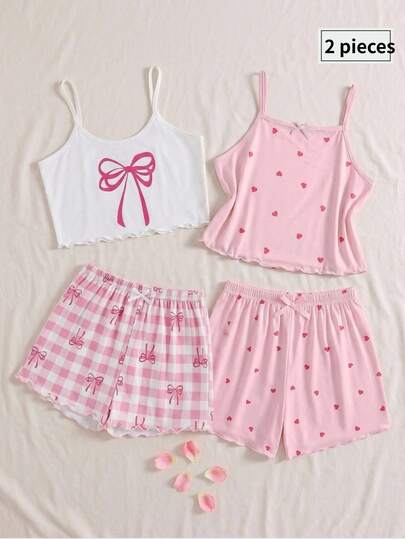 2件套少女休闲爱心印花吊带背心和短裤睡衣套装，舒适家居服