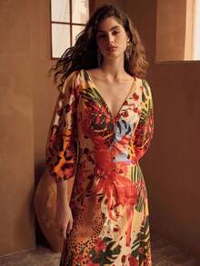 MOTF PREMIUM VESTIDO LARGO DE PUNTO CON ESTAMPADO DE LINO Y ABERTURA FRONTAL PARA MUJER, VACACIONES - Multicolor - Ver 5