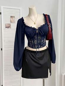 Comfortcana Plus Size Women's Lantern Sleeve Lace Patchwork Square Collar Padded Shoulder Blouse, Romantic Date Party Essential, Navy Blue - Navy Blue - View 13