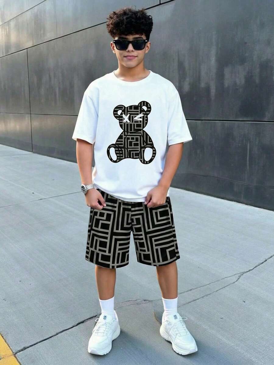 两件套青少年男童休闲复古花卉小熊图案圆领短袖T恤和短裤，适合夏季、街头摄影、日常穿着、外出、居家、度假、春夏时尚、夏季穿搭、轻松舒适、适合儿童叠穿、时尚童装、休闲装、儿童图案T恤、返校季、春夏服装、返校节 - 彩色 - 查看 1