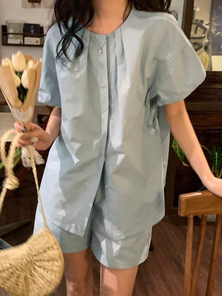 Women's Solid Color Loose Pleated Drawstring Princess Sleeve Shirt And Straight Leg Shorts Casual Holiday 2-Piece Set, Spring/Summer Lounge Sets For Women