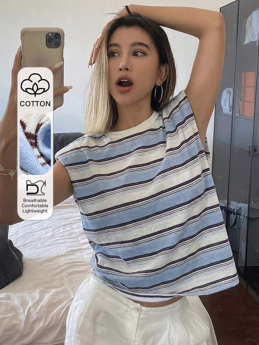 DAZY 条纹圆领无袖垫肩女式T恤图案T恤 女式夏季 - 藍色 - 查看 1