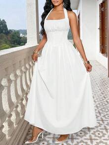 SHEIN Lady 女士时尚度假风褶皱露背系带连衣裙 - 白色 - 查看 4