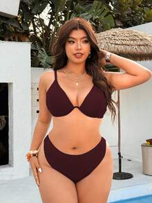 Swim Vcay Bộ đồ bơi 3 mảnh cỡ lớn dành cho nữ, màu trơn, dây mảnh, kiểu dáng bikini mùa hè đi biển, kèm váy buộc dây, thích hợp cho kỳ nghỉ biển. - Màu Đỏ Sâu - Xem 3