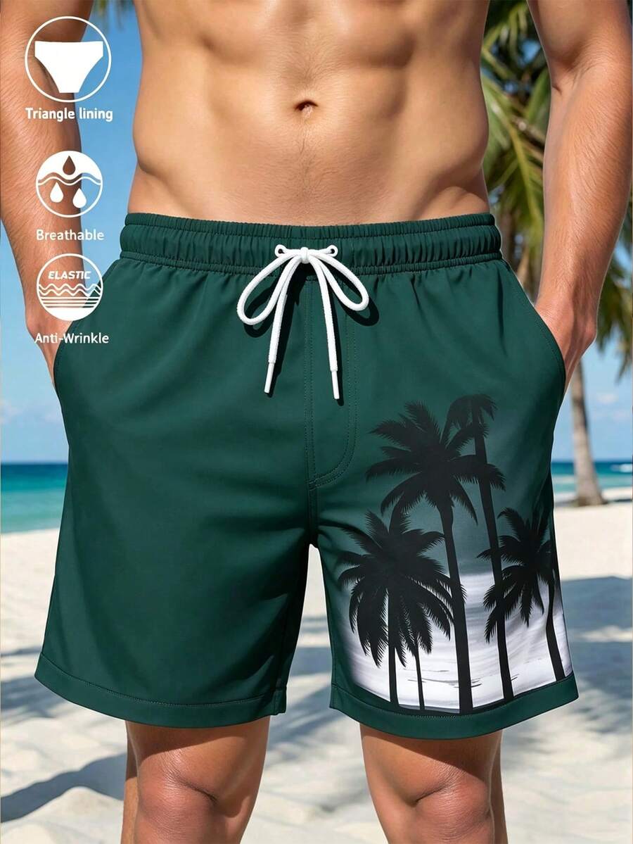 Manfinity Swimmode Men's Drawstring Waist Palm Tree Print Casual Beach Shorts Holiday / Vacation / Beach / Hawaii / Tropical / Swim / Bathing - Dark Green - View 1